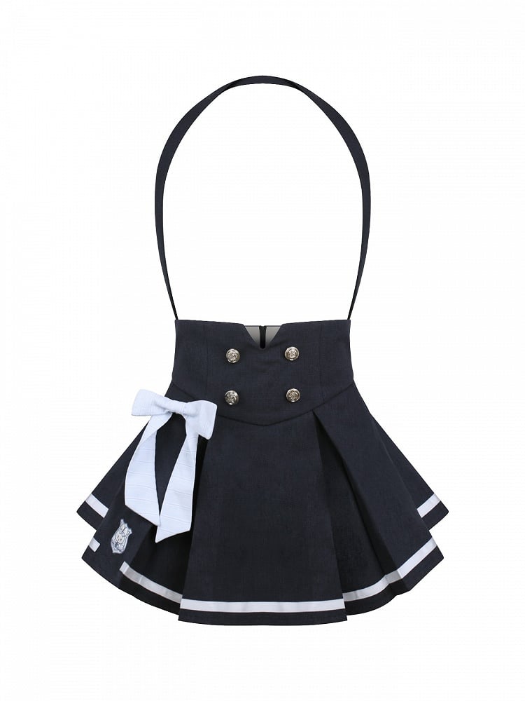 Preppy Single-Strap Pleated Skirt Blue Style Box Overall