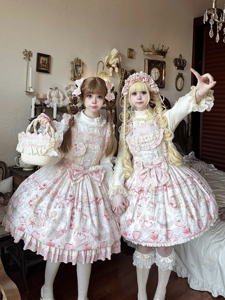 White Lace Long-Sleeved Lolita Blouse Featuring Bow Accents - wawao good night bear