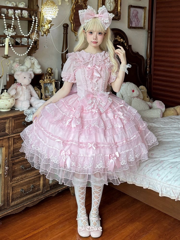 Hanayome Rock Akzente Lolita Prinzessin Tüll Schleife Rosa JSK Kleid Mehrlagig
