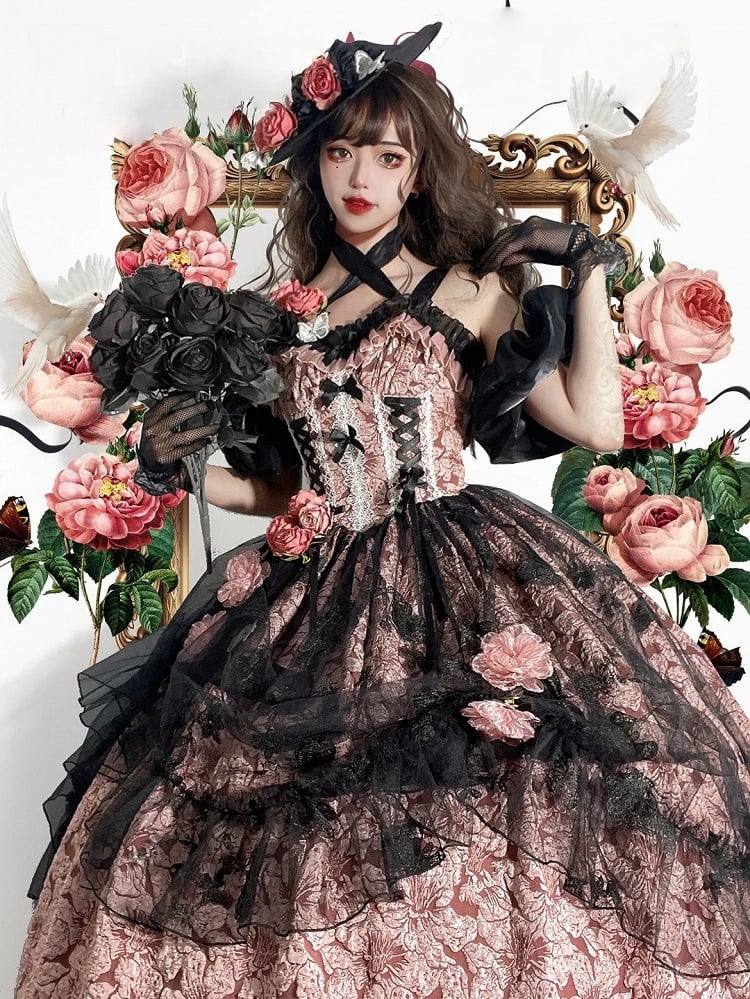 Floral Dark Bow Hime Details Dress Black Hanayome-style Pink Lace and Lolita with Embossed