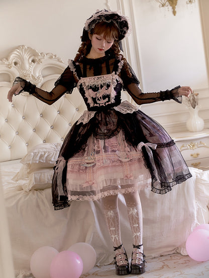 Black and Pink Curtain Tulle Overlay Flying Horse Print Skirt Lolita Jumper Skirt