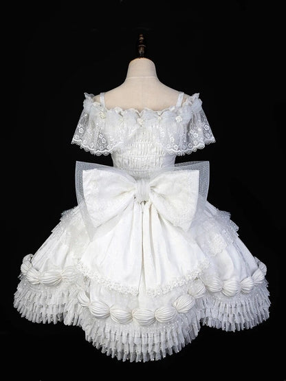 KC Lolita Full Dress Choker Mini Off Hat Cuffs Set + Shoulder Wrist Veil Hime White