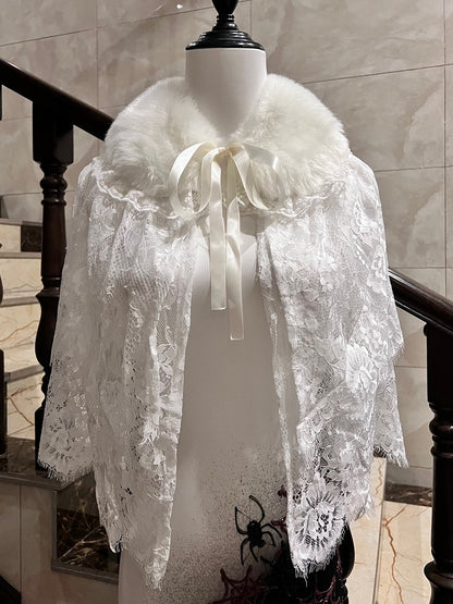 Lolita Lace Gothic Fur-Collared with Edging Cape Faux