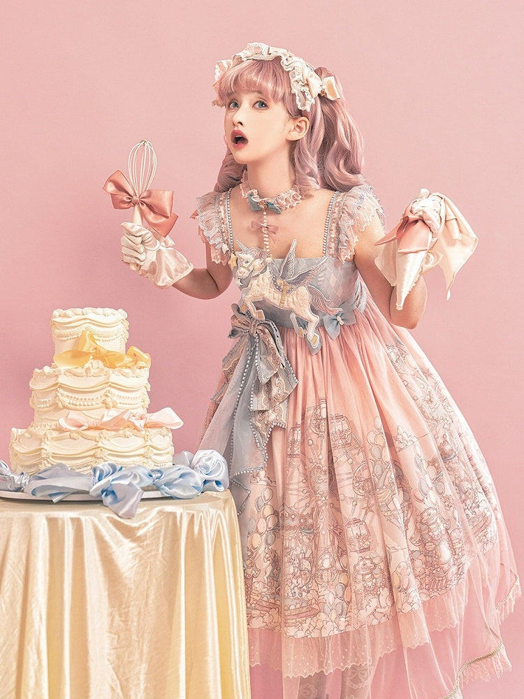 Amusement Park Themed Sleeveless Lolita Frock in Sweet Pink & Blue with Lace Choker - Xiong Dou Jiang