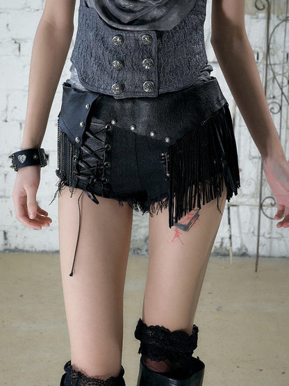 Punk Black Denim Shorts with Leather Panels & Chains - NO ROMANCE