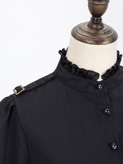 High Neck Long Sleeve Black Shirt with Ruffle Cuffs and Spider Bowtie - DevilInspired Exclusive Collection
