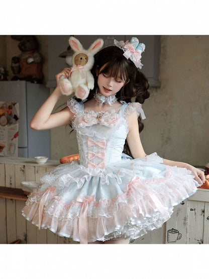 Blue & Pink Layered Lace Lolita JSK with Pearls - Miss Han