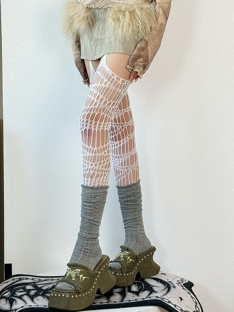 Hosenträger Schwarz/Weiß/Braun/Grau/Rot Y2K Cut-out Design Strümpfe