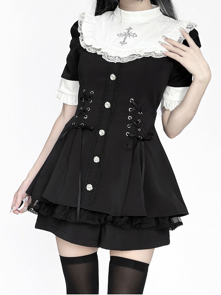 mit Stil Kurzes Jirai - Ärmel und Lätzchen Kei Weißes Kleid Krawattenset Schwarze Nonnenschleife