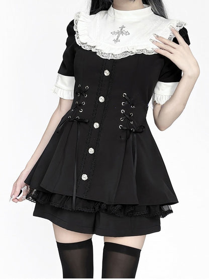 mit Stil Kurzes Jirai - Ärmel und Lätzchen Kei Weißes Kleid Krawattenset Schwarze Nonnenschleife