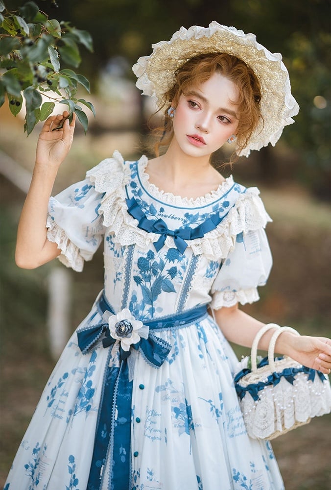 Self-tie Poetry‌ Classic Sash Lolita Sizes Plus Blue Print Elegant and with Available Mulberry Dress