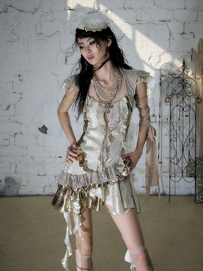 Gold Satin Two-Piece Asymmetrical Dress with Ruffle - NO ROMANCE