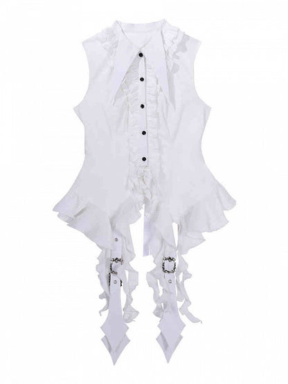 尖ったフリルの裾、カスケーディングトリム、ホワイトシャツ、ノースリーブカラー