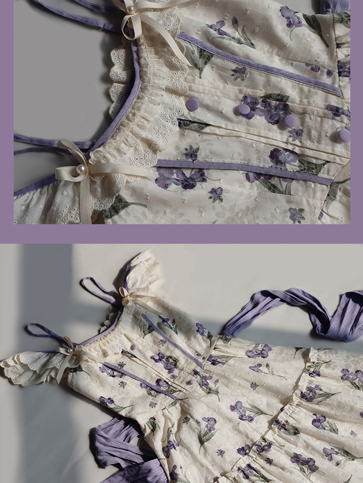 ネックラインジャンパースカート ベージュ オフショルダー パープルアイリス刺繍