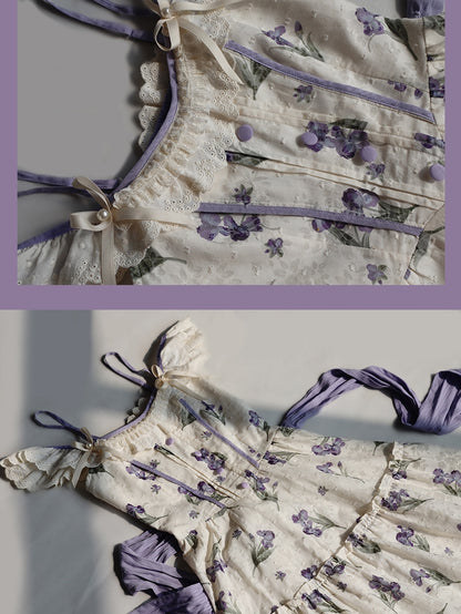 ネックラインジャンパースカート ベージュ オフショルダー パープルアイリス刺繍