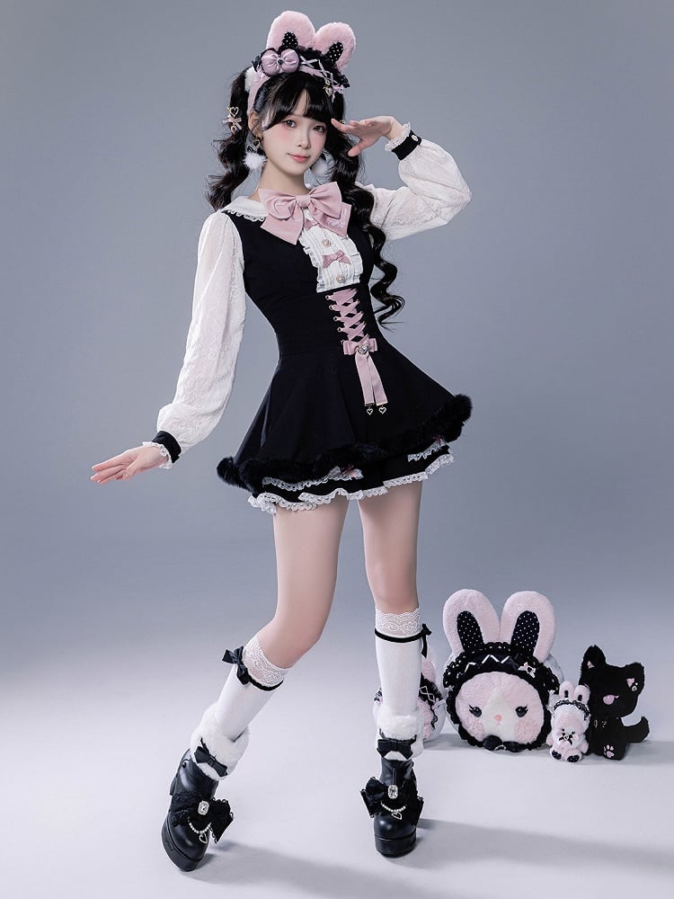 Full Shorts Black Pink Bunny Matching Cape Set Kei Brooch Dress Ear Jirai Bow + Lace Plush