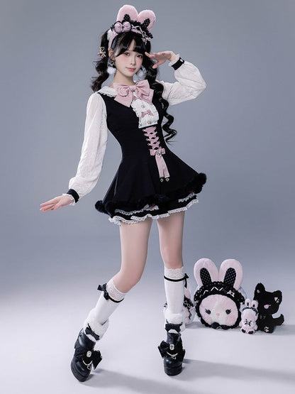Full Shorts Black Pink Bunny Matching Cape Set Kei Brooch Dress Ear Jirai Bow + Lace Plush