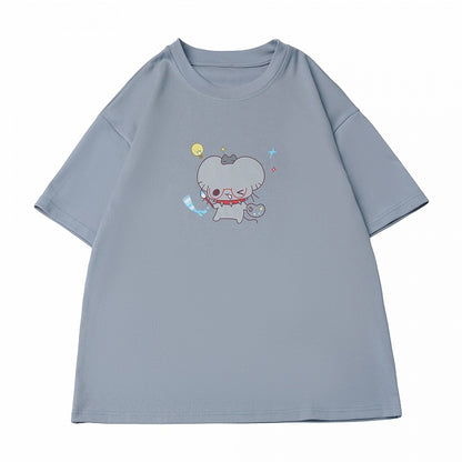 Gray Round Neck Short Sleeve Tee with Cartoon Mouse - PINK SAVIOR