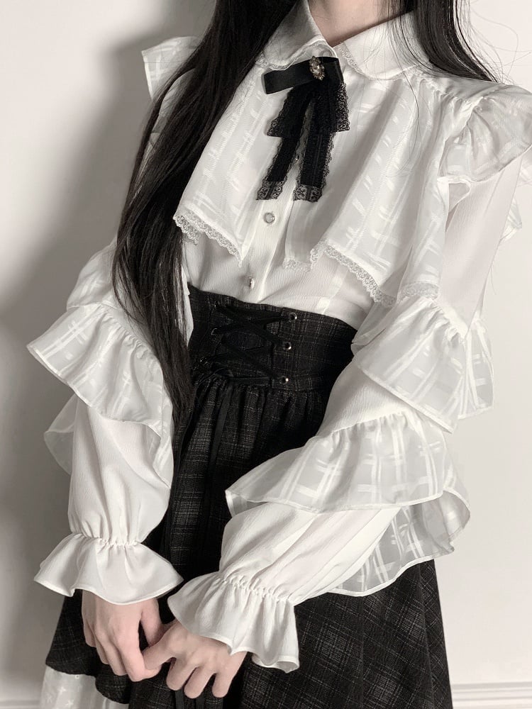 Bow High-Waisted Blouse + White Decor Kei Black Ruffle - Lace Skirt Plaid with Set Jirai