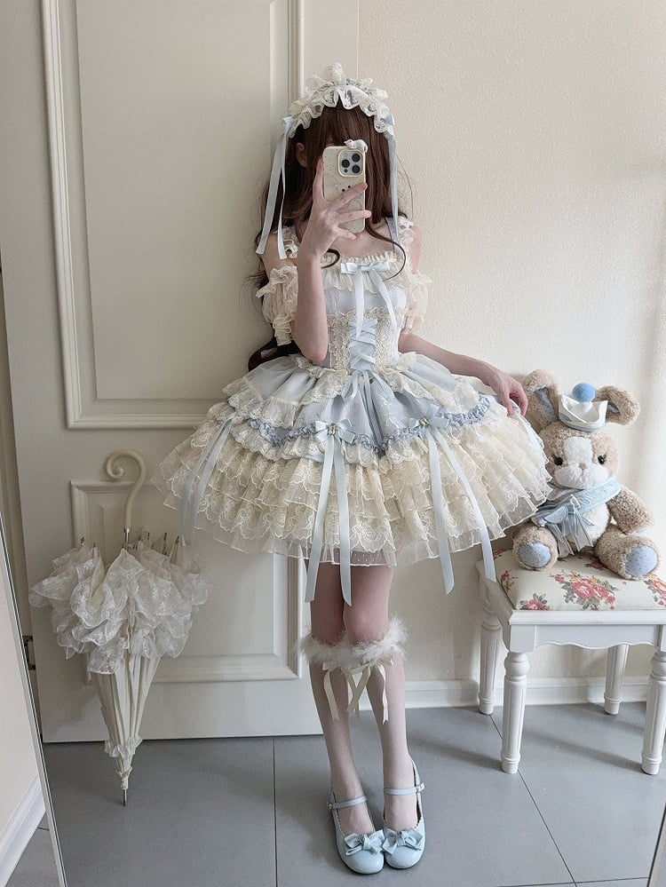 Details Sweet + Skirt Bow Large Princess Lace with Train Blue Dress / Ribbon Only Ballet-Style JSK Multi-Layer