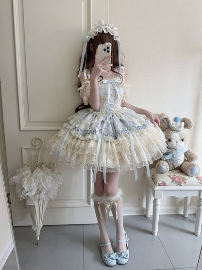 Details Sweet + Skirt Bow Large Princess Lace with Train Blue Dress / Ribbon Only Ballet-Style JSK Multi-Layer