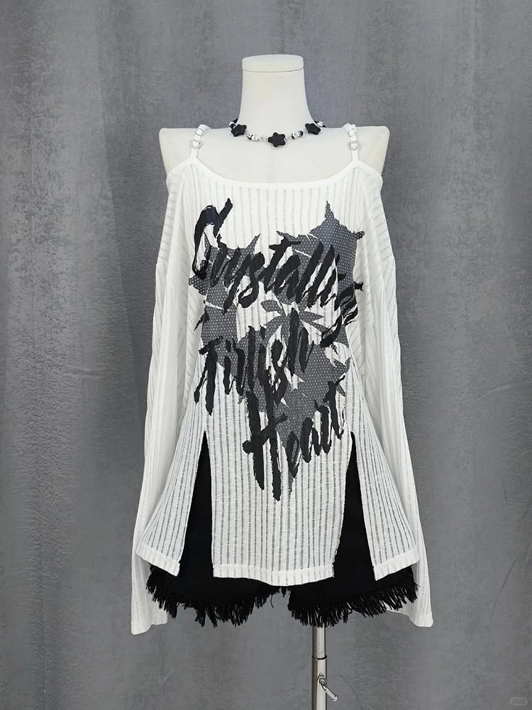 Y2K Schlitz Schwarz/Weiß Off-the-Shoulder Grafik Saum Ausschnitt Coverup