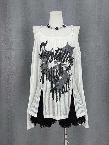 Y2K Schlitz Schwarz/Weiß Off-the-Shoulder Grafik Saum Ausschnitt Coverup