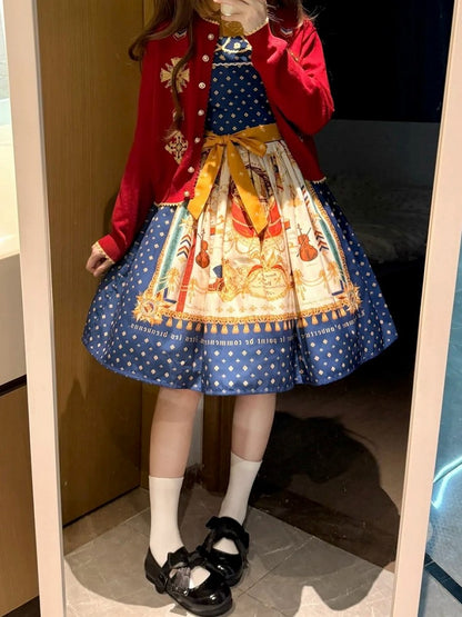 Dark Blue Musical Print Elegant Lolita Jumper Skirt - Crucis Universal Tailor Company