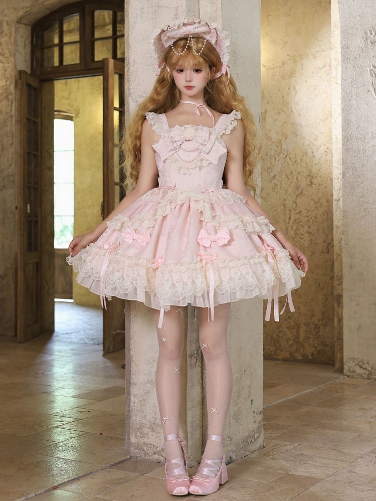 Stoff Rosa Lolita Süßes Kleid Schleife Jacquard Akzente Pullover Rock