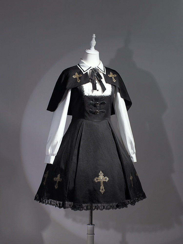Black & Gold Cross Print Cape Design Gothic Dress Nun Lolita OP