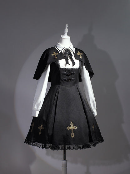 Black & Gold Cross Print Cape Design Gothic Dress Nun Lolita OP