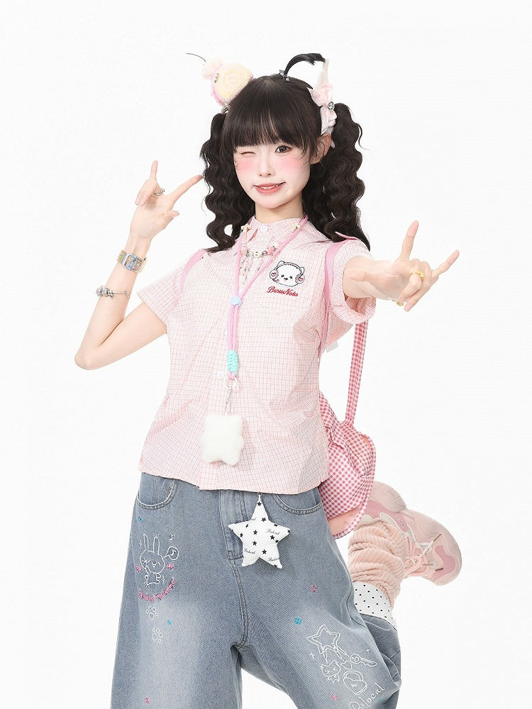 Pink Gingham Polo Short Sleeve Fitted Shirt Embroidery