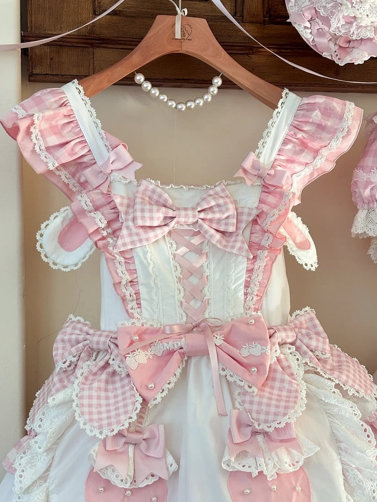 Details Sweet White with Pink Lolita Flutter Bow Dress Gingham Sleeves