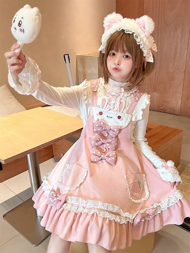 on Polka-dot Bowknot Lolita Jumper Skirt Details Bunny Ears Design Sweet Waist Hood Pink