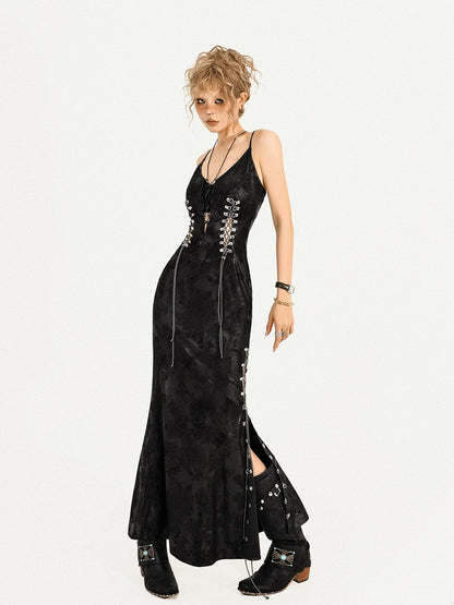 Black V-Neck Sleeveless Lace-Up Gothic Dress