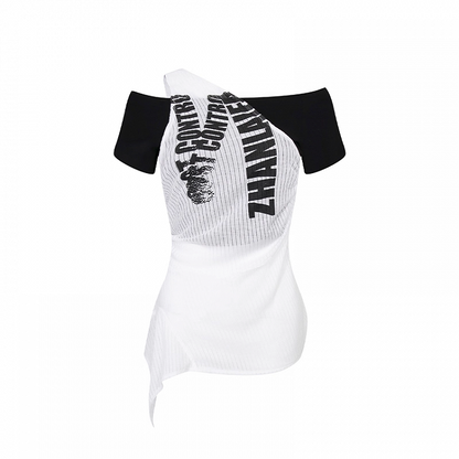 Y2K Black and White Letter Two-pieces Print Halter T-shirt