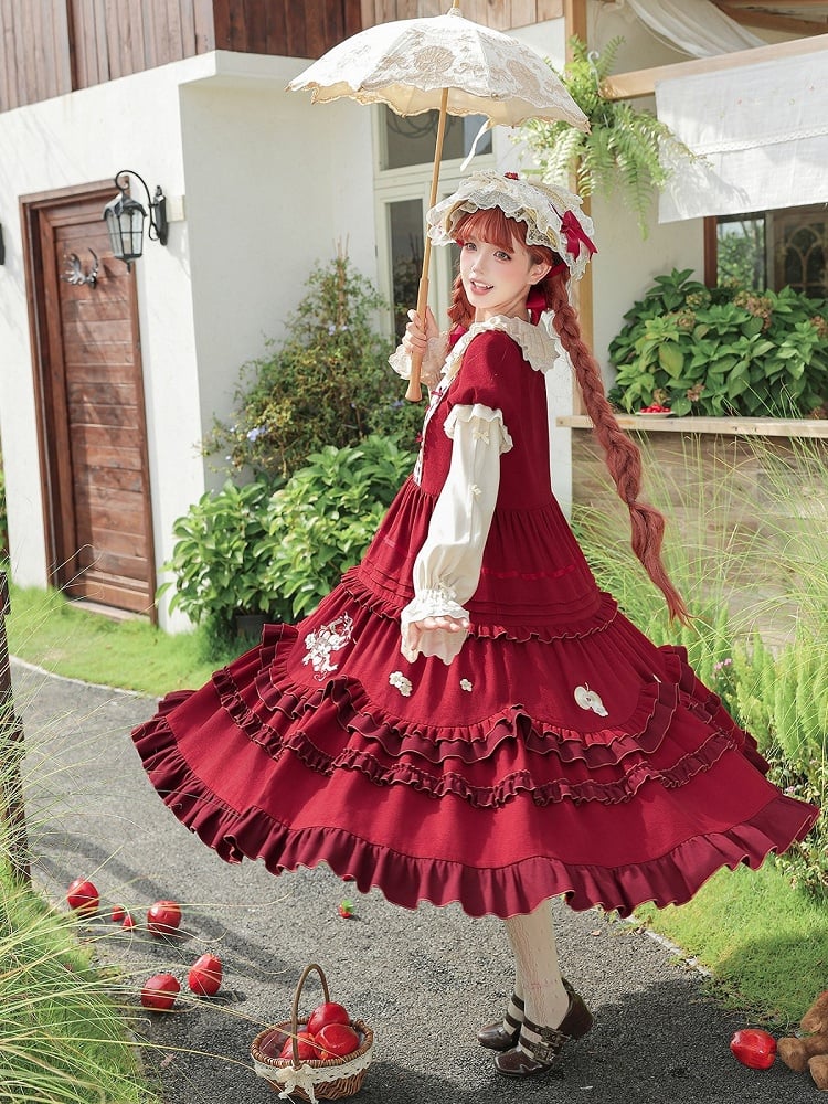 Wine Red Apple Embroidered OP Dress Set with Peter Pan Collar, Long Sleeves, Ruffle Trim, Belt, Brooch & Bow Hairclip - With PUJI