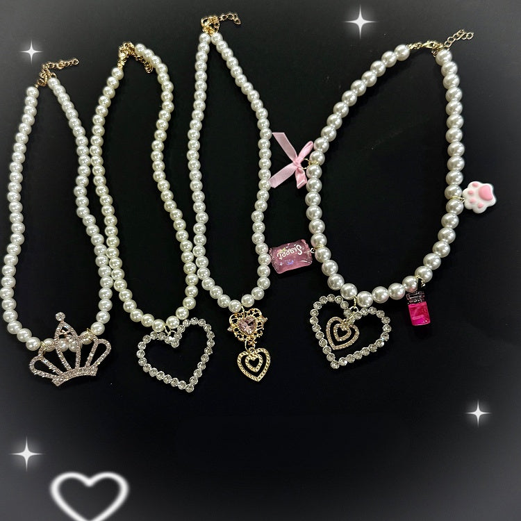 Rhinestone Necklace Pendant 4 Beaded Crown/Heart Options