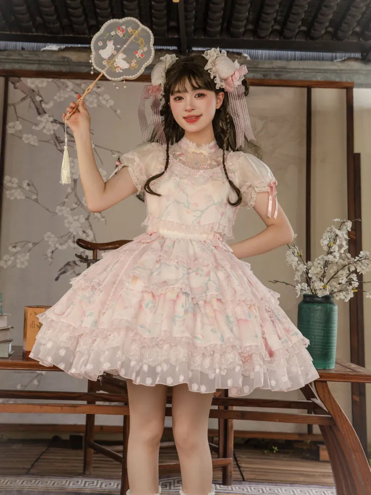 Pink Tiered Skirt Qi Lolita Dress Delicate Peach and Peach Blossom Embroidery on Neck