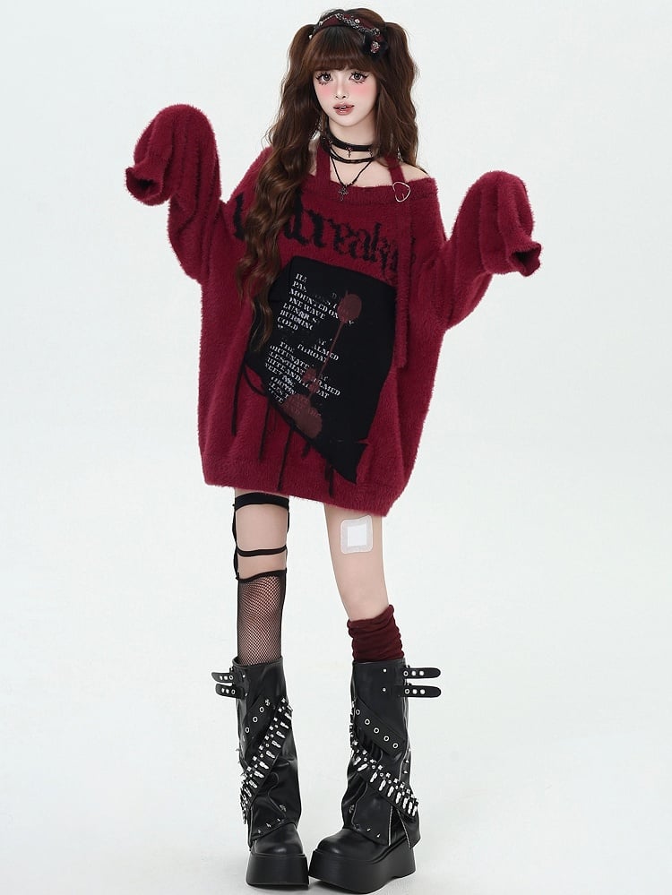 Black/Wine Red/Purple Letter Graphic Halter Neck Loose Sweater