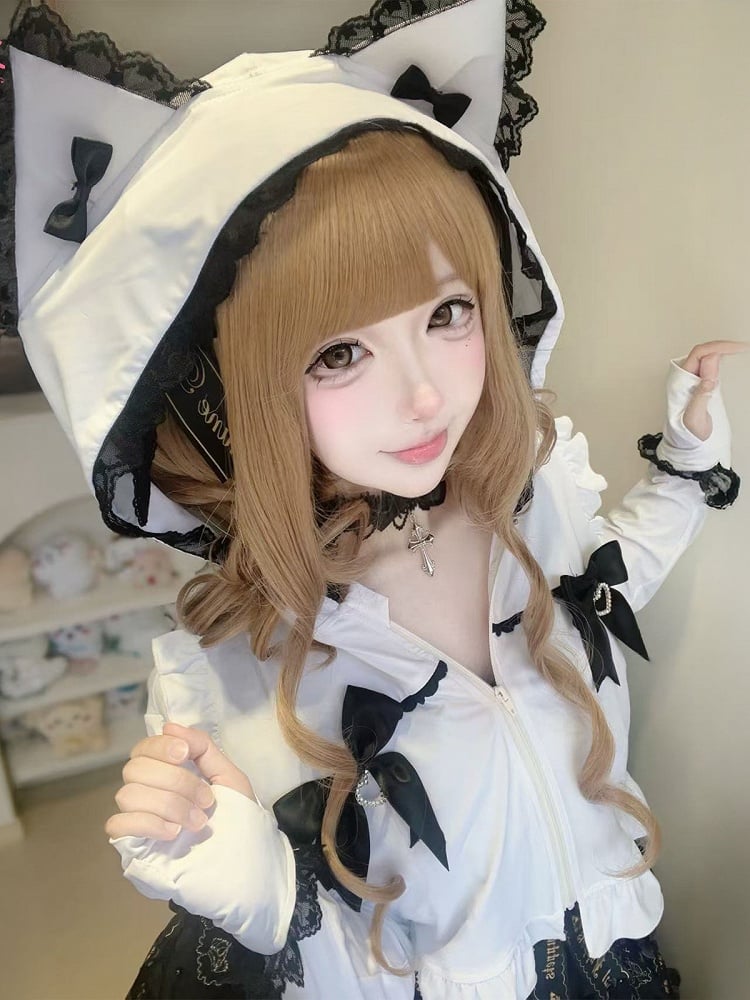 White Kitty-Ear Hooded Cropped Jacket with Lace - Bunny Rush