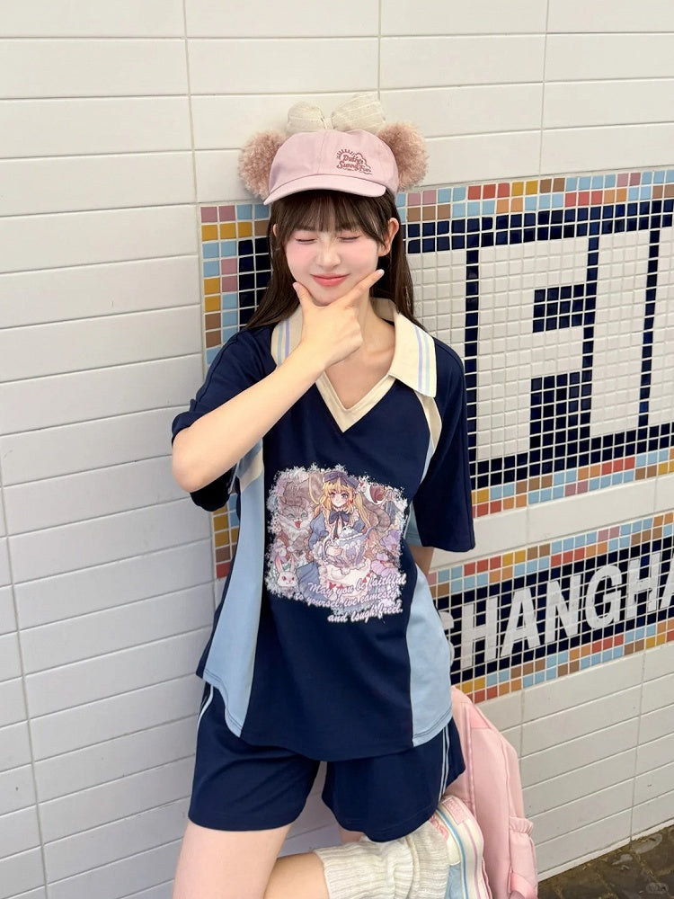 Version Navy Blue Colorblock Design V-neck Anime Girl Print T-shirt Long/Short