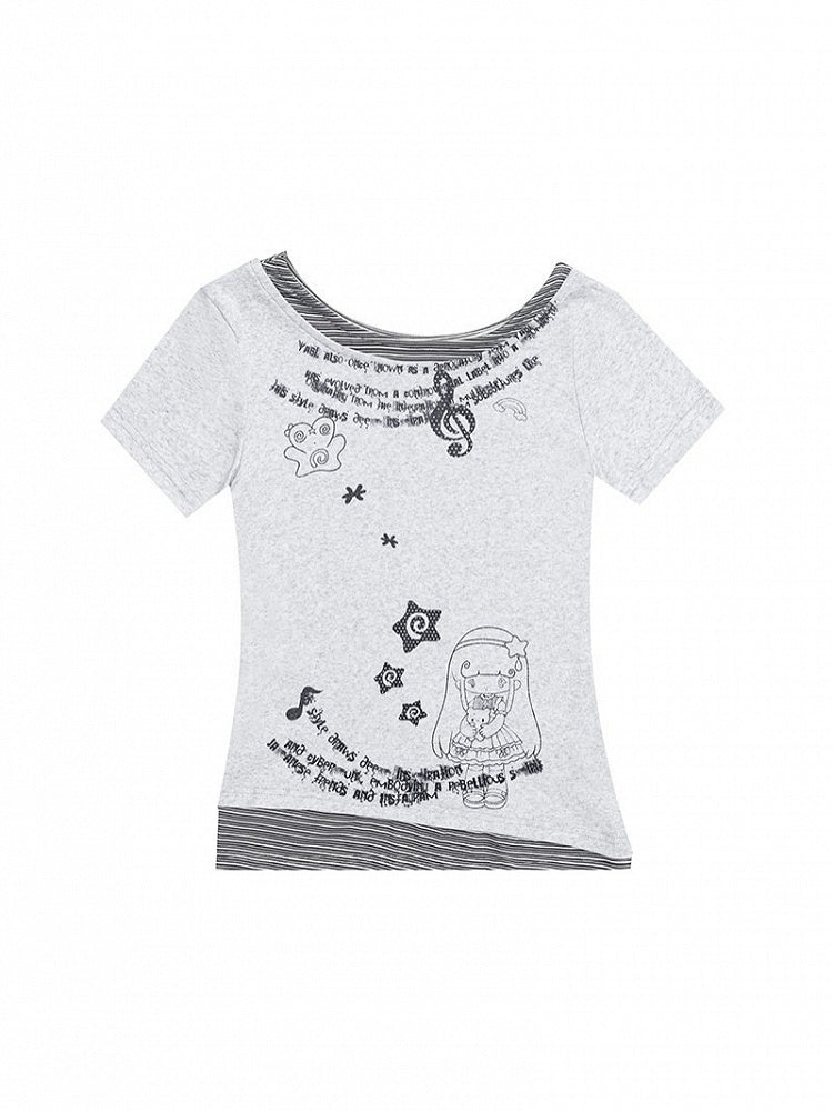 2-Color Round Neck Fake Two-Piece Striped Short Sleeve Top with Star Print - Solkatt