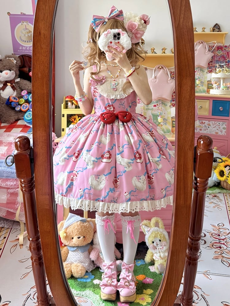 Kitty Cake Fashion Kleid Sweet and Showa Pink Lolita Print Cherry