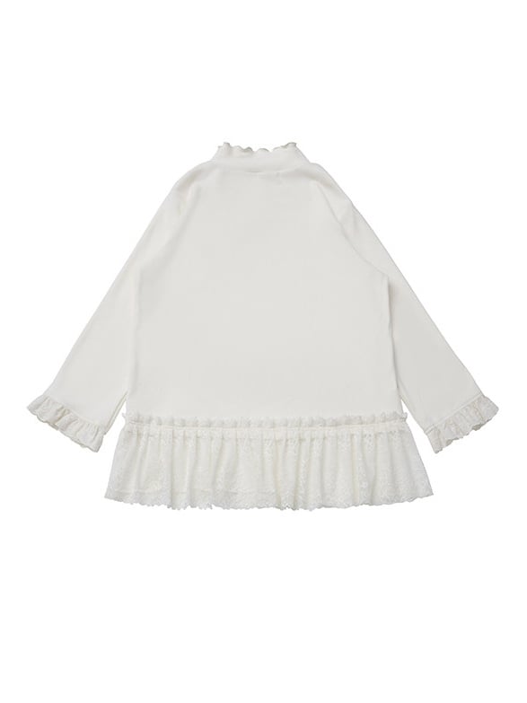 Long Top Mock Neck Trim Sleeve Lace White with Delicate