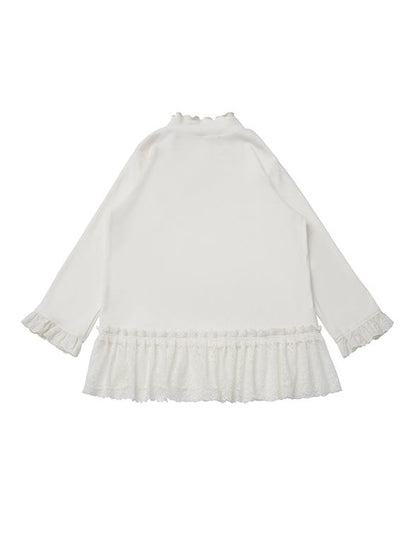 Long Top Mock Neck Trim Sleeve Lace White with Delicate