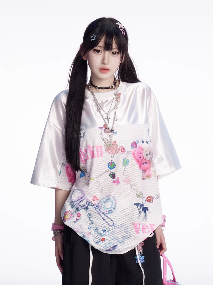 Weißes, lockeres T-Shirt mit Rundhalsausschnitt und Cartoon-Print