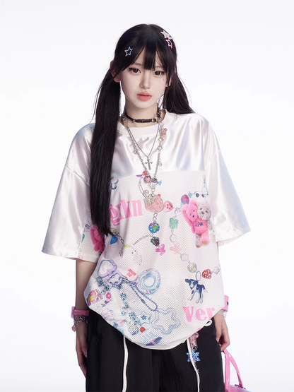 Weißes, lockeres T-Shirt mit Rundhalsausschnitt und Cartoon-Print