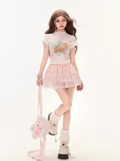 プリントニットTシャツ ホワイト モックネック スイート ボウノット