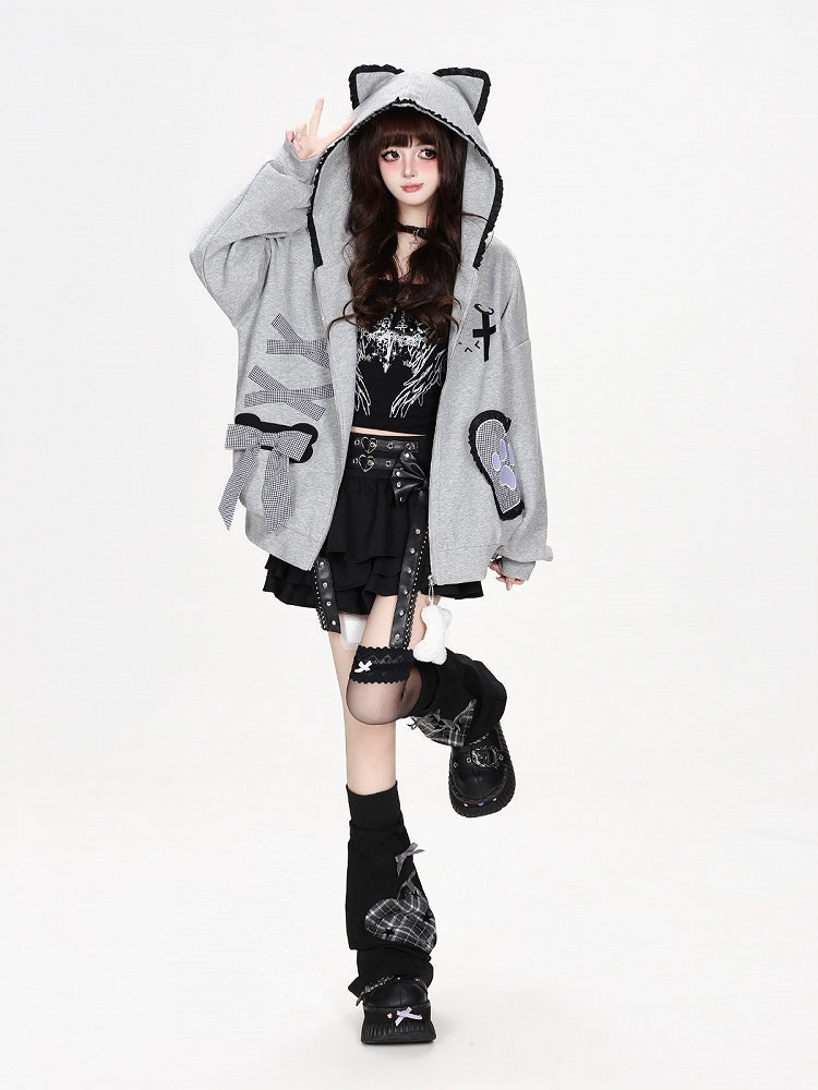 Kawaii Ruffled Kitty-Ear Hooded Jacket with Bow and Heart Patch in Grey - CRAZY GIRL